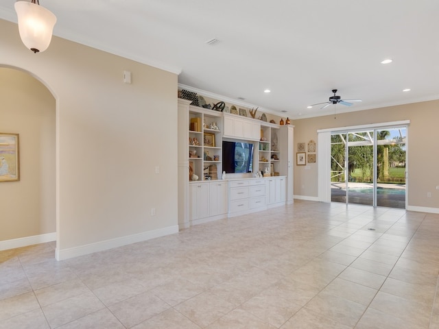 unfurnished living room featuring light tile patterned flooring, ceiling fan, and crown molding