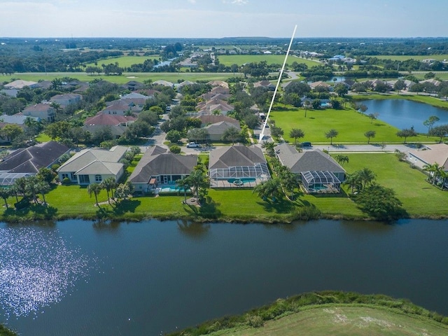 bird's eye view with a water view