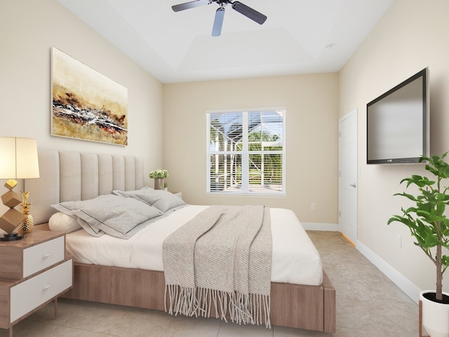 bedroom with light tile patterned floors and ceiling fan