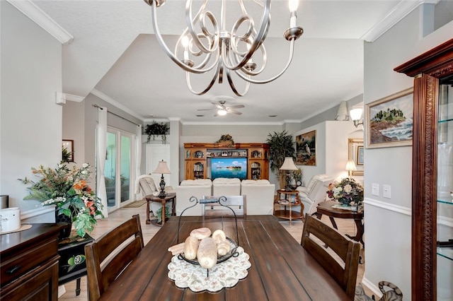 dining space with crown molding and ceiling fan with notable chandelier