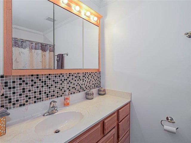 bathroom with vanity, backsplash, a shower with curtain, and ornamental molding