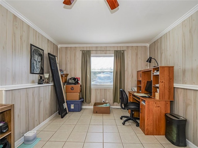 office featuring light tile patterned floors, ornamental molding, and wooden walls