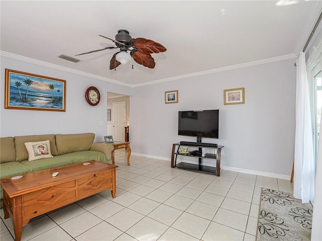 tiled living room featuring ceiling fan and crown molding