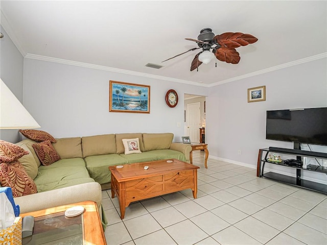 living room with ceiling fan, light tile patterned floors, and crown molding