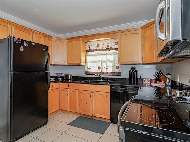 kitchen with black appliances, dark stone counters, sink, ornamental molding, and light tile patterned floors