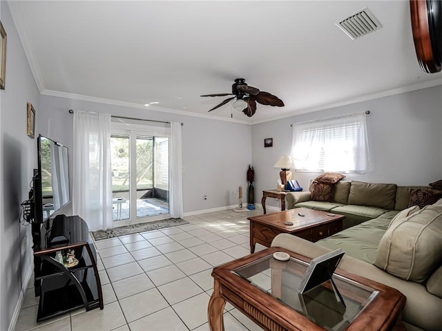 living room with ceiling fan, light tile patterned flooring, and crown molding