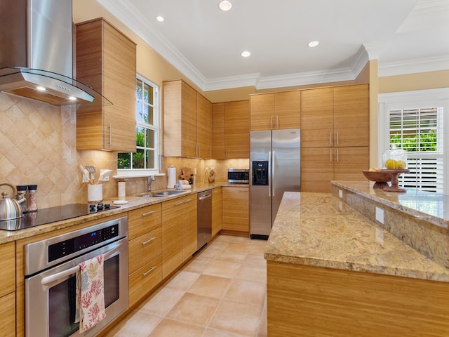 9082 Castle Harbour Cir, Vero Beach, FL 32963 - kitchen featuring appliances with stainless steel finishes, wall chimney exhaust hood, a sink, plenty of natural light, and crown molding