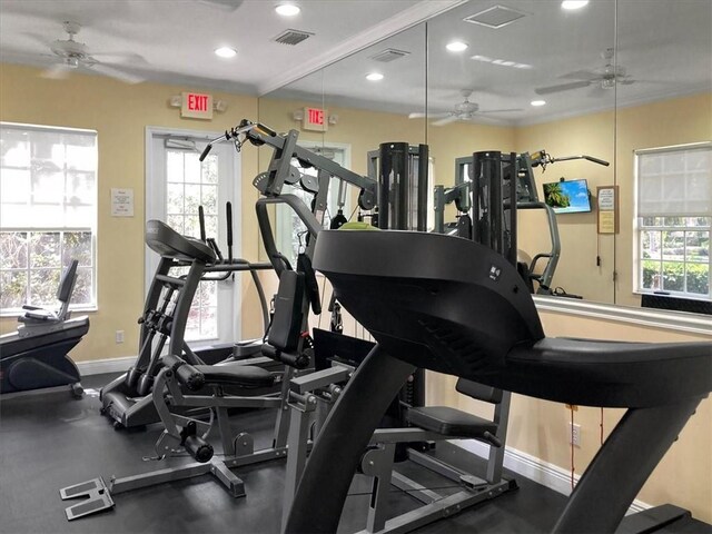 workout area featuring ceiling fan