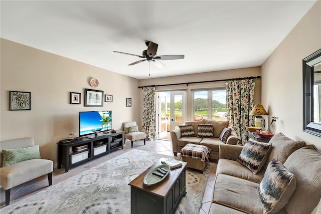 tiled living room featuring ceiling fan