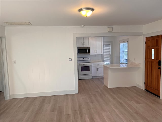 kitchen featuring white cabinetry, kitchen peninsula, light hardwood / wood-style floors, and white range with electric stovetop