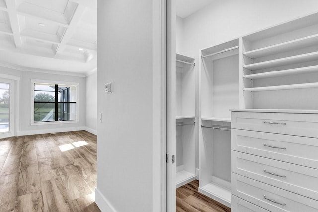 spacious closet featuring coffered ceiling, beam ceiling, and light hardwood / wood-style flooring