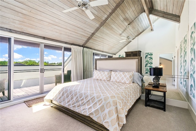 carpeted bedroom with wooden ceiling, ceiling fan, beam ceiling, access to exterior, and high vaulted ceiling