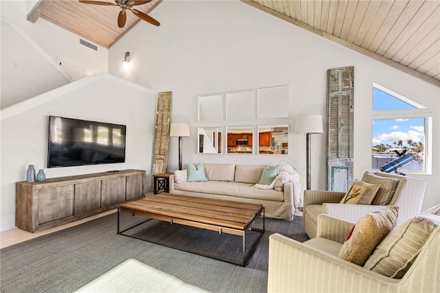 living room featuring high vaulted ceiling, ceiling fan, and wood ceiling