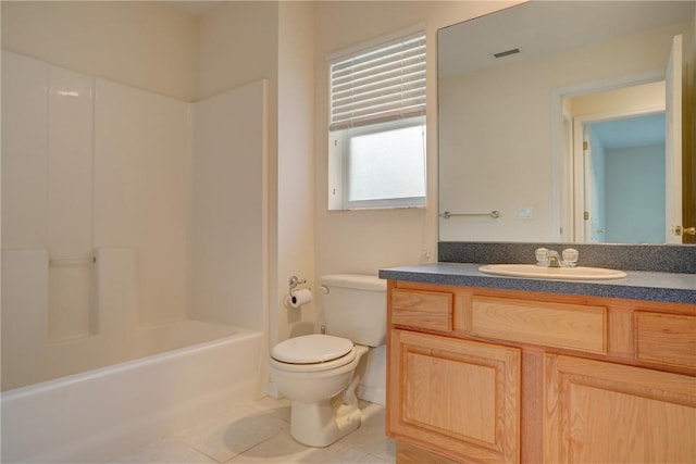 full bathroom featuring vanity,  shower combination, tile patterned floors, and toilet