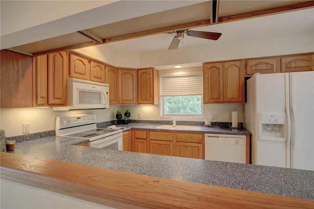 kitchen featuring ceiling fan, sink, light brown cabinetry, and white appliances