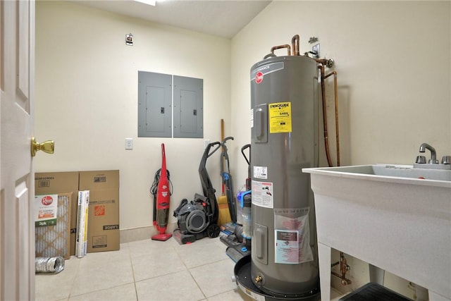 utility room featuring sink, electric panel, and electric water heater