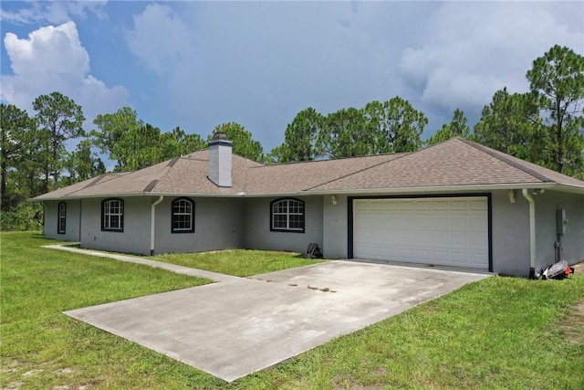 single story home with a garage and a front yard