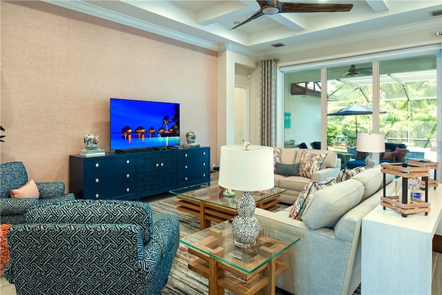 living room featuring beamed ceiling, crown molding, coffered ceiling, and ceiling fan