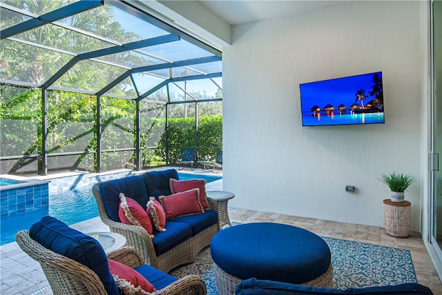 view of patio / terrace with outdoor lounge area and glass enclosure