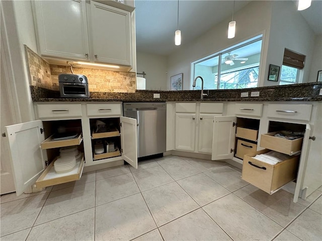 kitchen featuring stainless steel dishwasher, ceiling fan, light tile patterned floors, decorative light fixtures, and white cabinetry