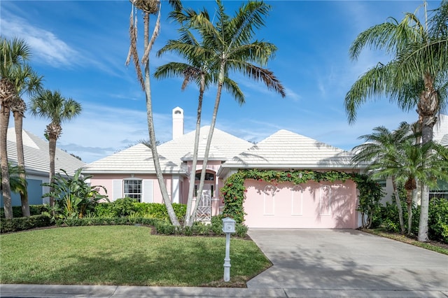 view of front facade with a front yard and a garage