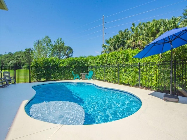 view of swimming pool featuring a fenced in pool, a patio area, and fence