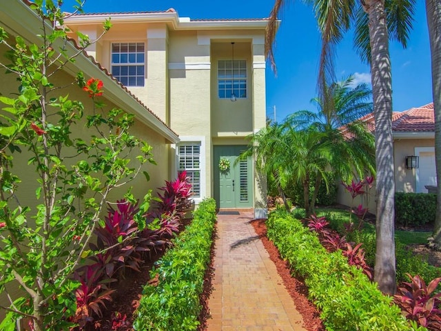 entrance to property featuring stucco siding and a tile roof