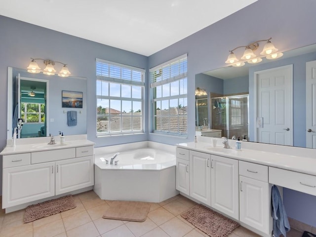 full bathroom with a sink, a stall shower, and a healthy amount of sunlight