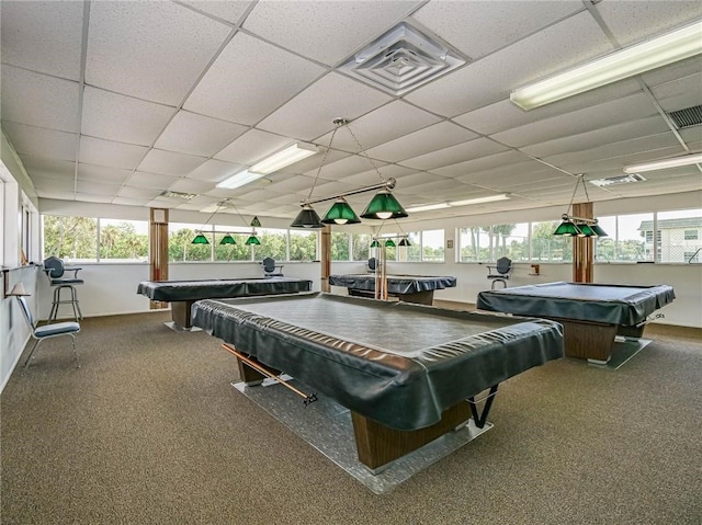 game room featuring carpet floors, a paneled ceiling, pool table, and visible vents