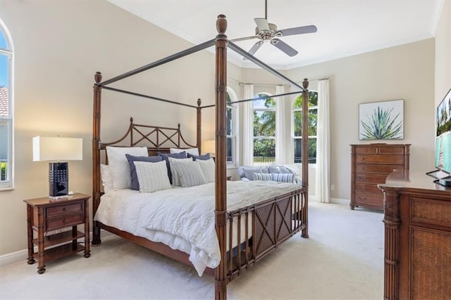 2214 Falls Cir, Vero Beach, FL 32967 - bedroom with crown molding, ceiling fan, and light carpet
