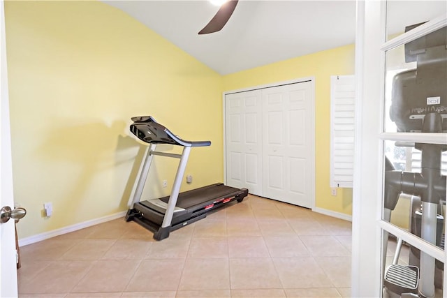 5688 Riverboat Cir SW, Vero Beach, FL 32968 - exercise area with lofted ceiling, ceiling fan, light tile patterned flooring, and baseboards
