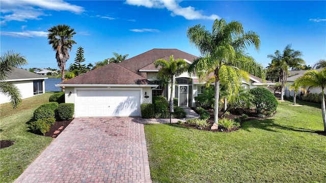 5688 Riverboat Cir SW, Vero Beach, FL 32968 - view of front of home with a garage, stucco siding, decorative driveway, and a front lawn