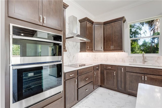 kitchen with black electric stovetop, stainless steel double oven, a sink, marble finish floor, and dark brown cabinets