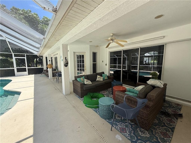 405 29th Ct SW, Vero Beach, FL 32968 - view of patio / terrace featuring ceiling fan, an outdoor pool, an outdoor hangout area, and a lanai