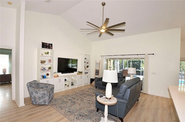 living room featuring ceiling fan, high vaulted ceiling, light hardwood / wood-style floors, and built in shelves