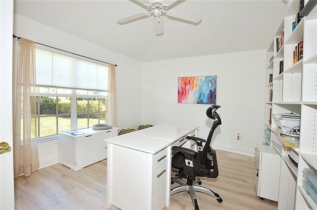 office area with ceiling fan and light hardwood / wood-style flooring