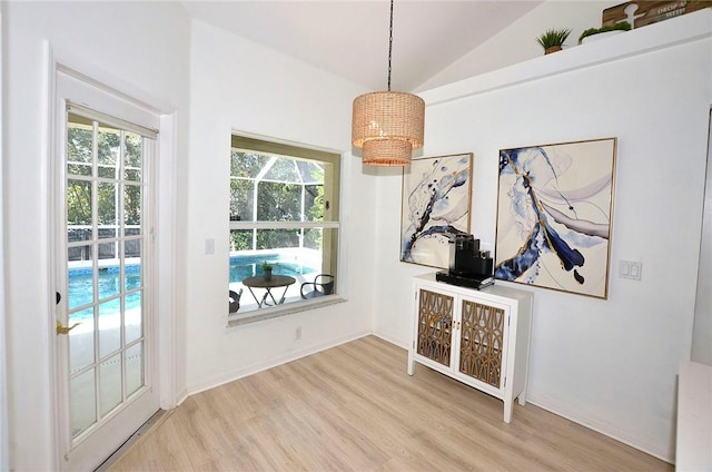 dining room featuring lofted ceiling and wood-type flooring