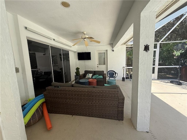 405 29th Ct SW, Vero Beach, FL 32968 - view of patio / terrace with a ceiling fan, outdoor lounge area, and glass enclosure