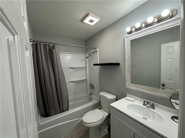 full bathroom with tile patterned flooring, vanity, toilet, and shower / bathtub combination with curtain