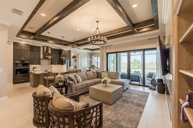 living room featuring a chandelier, beam ceiling, and light tile patterned floors