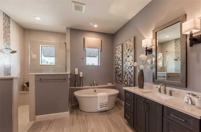 bathroom featuring vanity and separate shower and tub