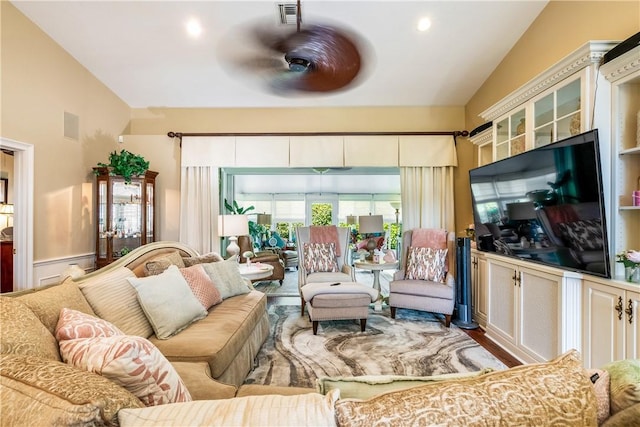 living room featuring ceiling fan