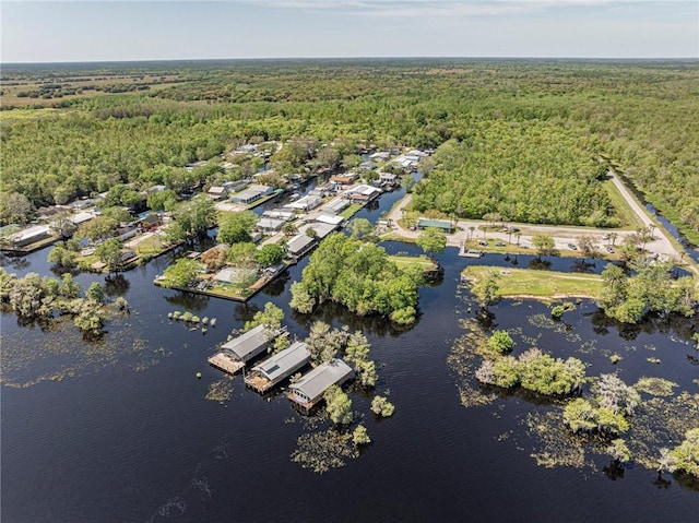 aerial view featuring a view of trees and a water view