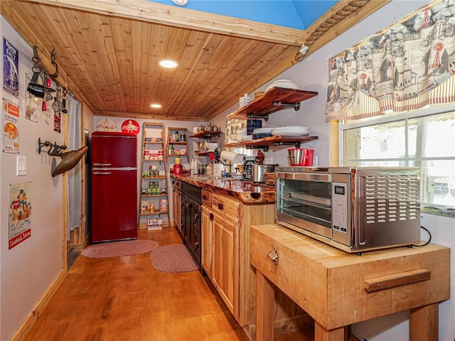 kitchen featuring open shelves, freestanding refrigerator, wood ceiling, light wood-style floors, and stainless steel microwave