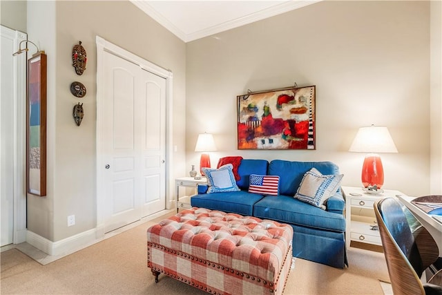 carpeted living room with ornamental molding