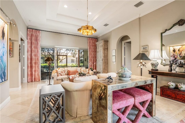 living room with ornamental molding, a raised ceiling, a notable chandelier, and light tile patterned flooring