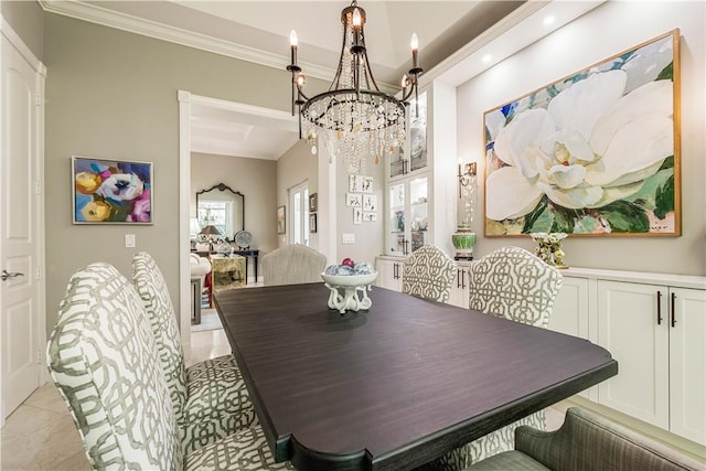 dining area featuring ornamental molding, light tile patterned floors, and a notable chandelier