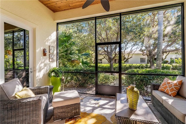 sunroom featuring ceiling fan and wood ceiling