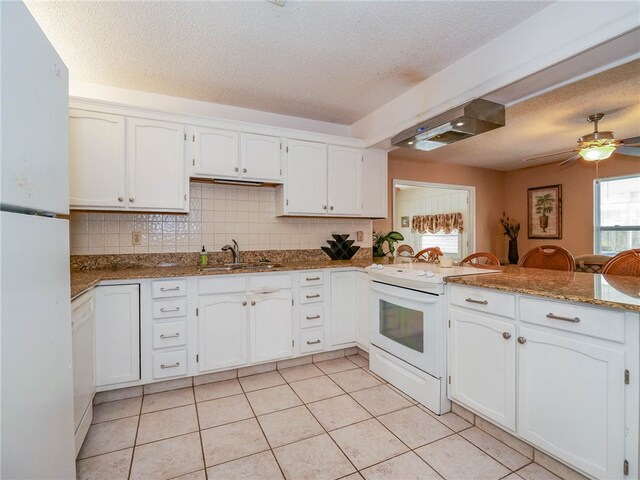 kitchen featuring white cabinets, kitchen peninsula, decorative backsplash, and white appliances