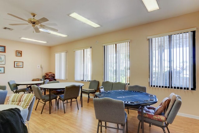 dining room with ceiling fan and light hardwood / wood-style flooring